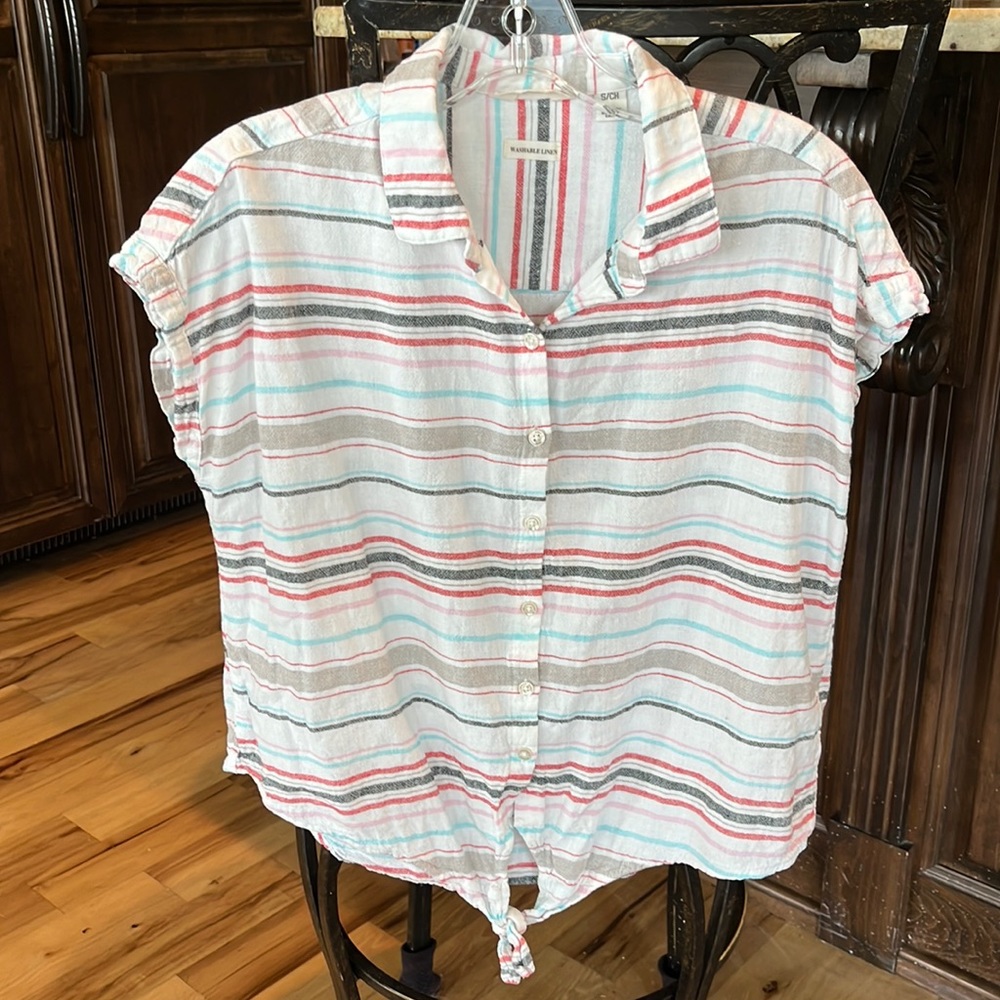 Linen Top Tie Knot Front Striped White Multi Weatherproof Vintage Shirt Womens S